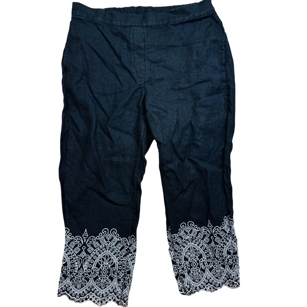 Chico's Pull On Embroidery Linen Crop Pants Black White Size 2 or U.S. 12 Resort